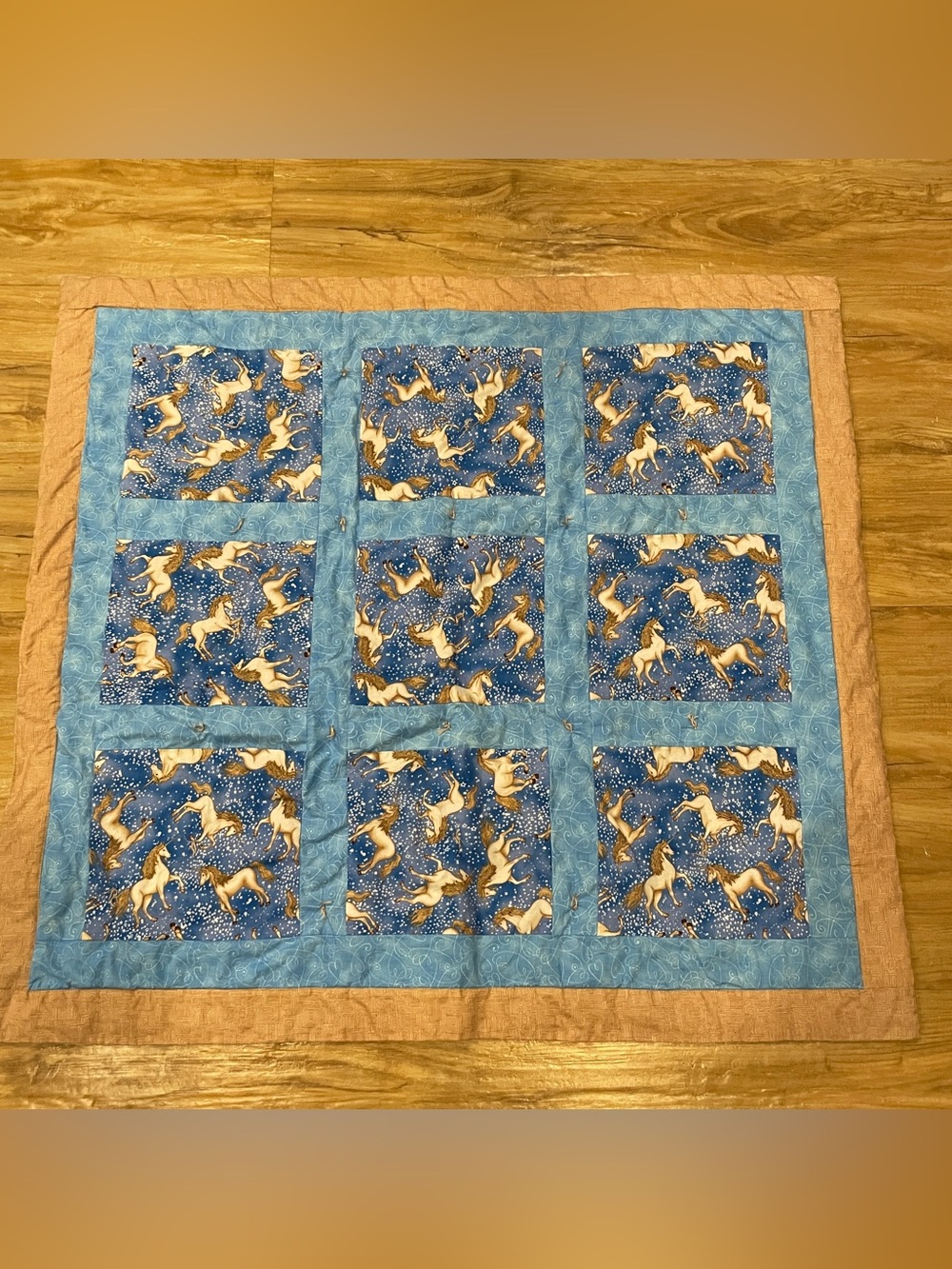 Patchwork Quilt Handmade Unicorn Blues & Brown Design-35x32”